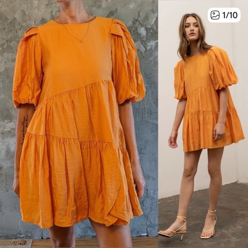 Moon River Puff Sleeve Babydoll Dress S Orange